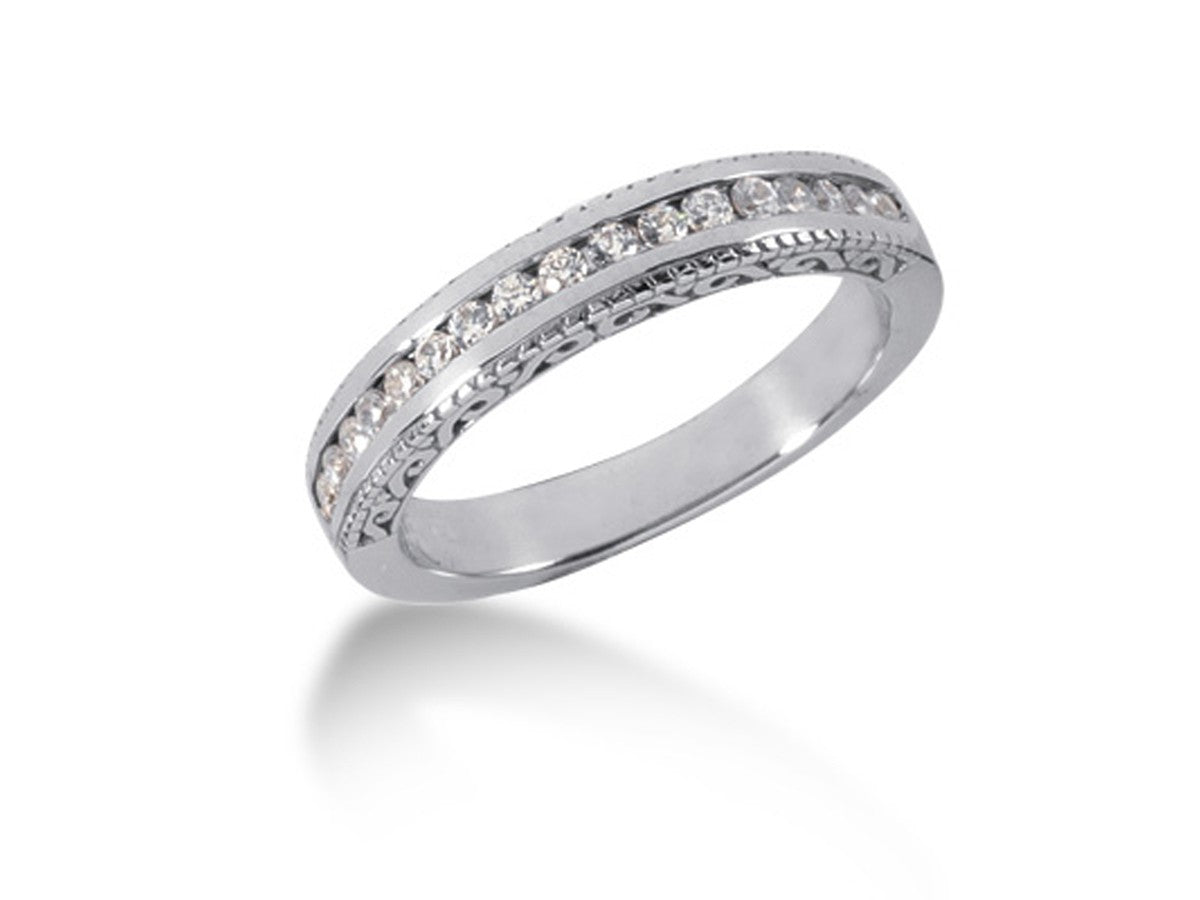 Engraved Diamond Channel Set Wedding Ring Band in 14k White Gold