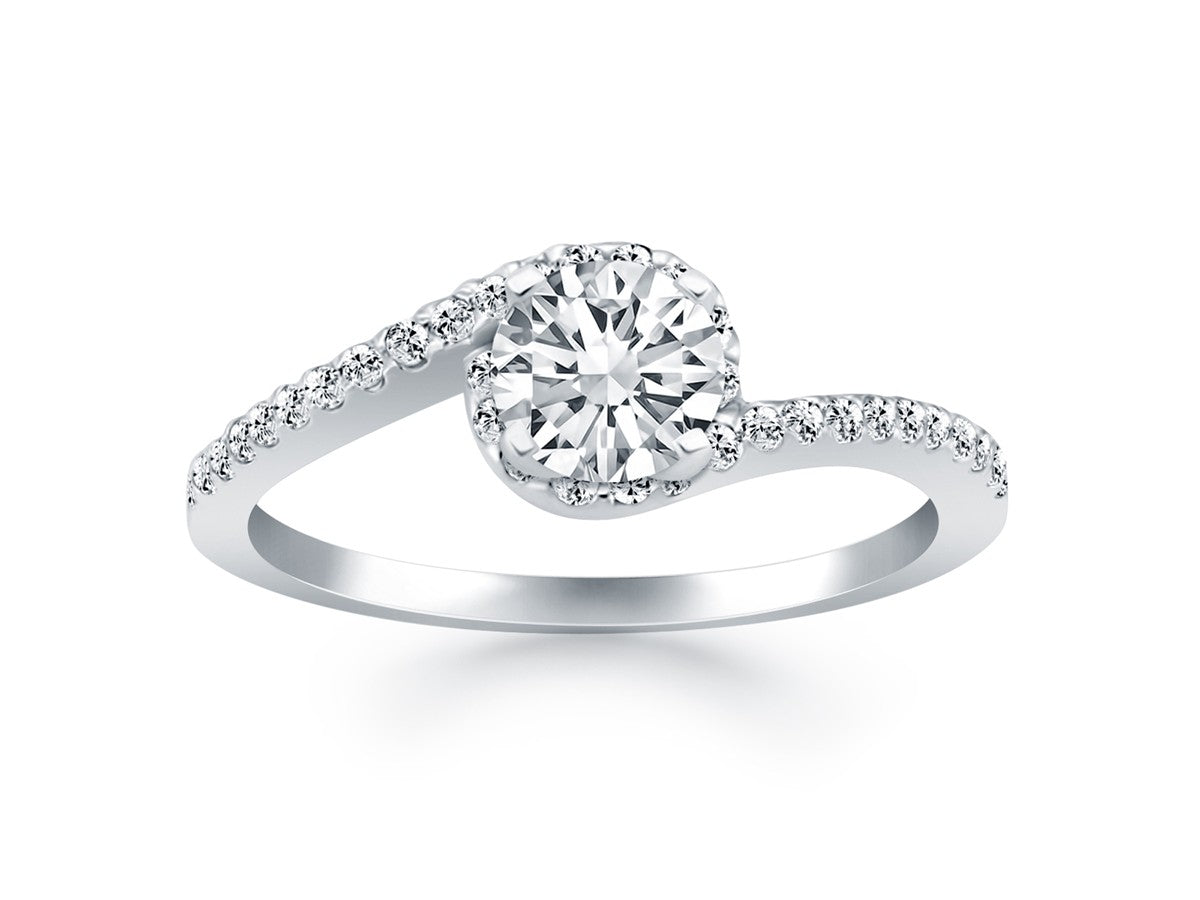 Bypass Swirl Diamond Halo Engagement Ring in 14k White Gold