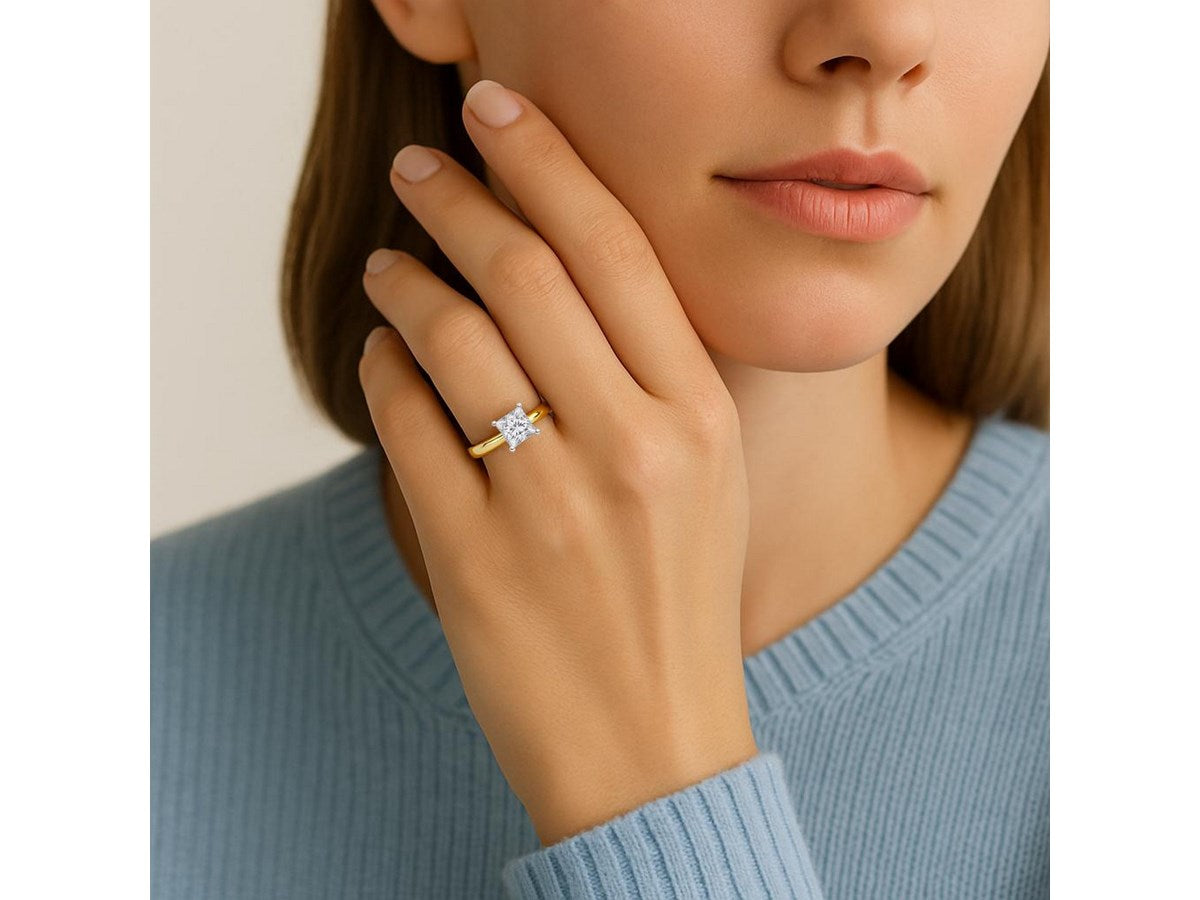 1.50Ct Princess Lab Grown IGI G/VS1 Diamond Ring in 14K Yellow Gold