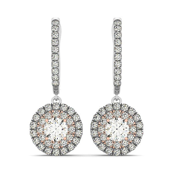 14k White And Rose Gold Drop Diamond Earrings with a Double Round Halo Design (3/4 cttw)