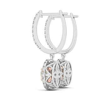 14k White And Rose Gold Drop Diamond Earrings with a Double Round Halo Design (3/4 cttw)