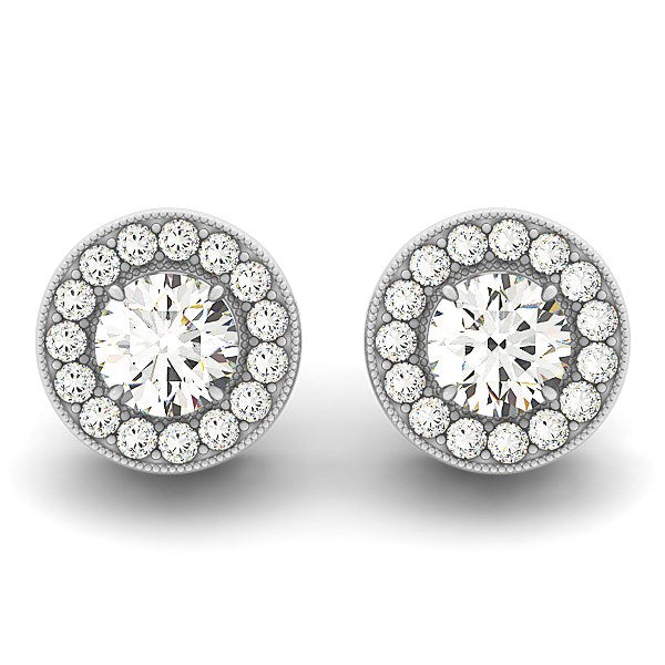 Round Halo Diamond Earrings with Milgrain Border in 14k White Gold (3/4 cttw)