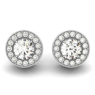 Round Halo Diamond Earrings with Milgrain Border in 14k White Gold (3/4 cttw)