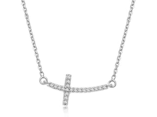 Diamond Accented Curved Cross Necklace in 14k White Gold (.11cttw)