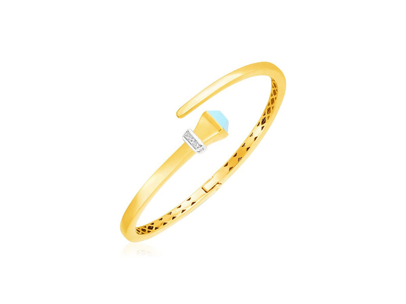 14k Yellow Gold Crossover Style Hinged Bangle Bracelet with Turquoise and Diamonds (3.40 mm)