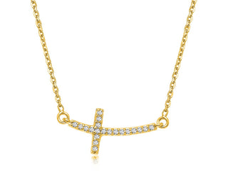 Curved Diamond Embellished Cross Necklace in 14k Yellow Gold (.11cttw)