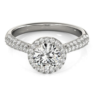 14k White Gold Halo Round Diamond Engagement Ring with Graduated Pave Band (1 1/3 cttw)