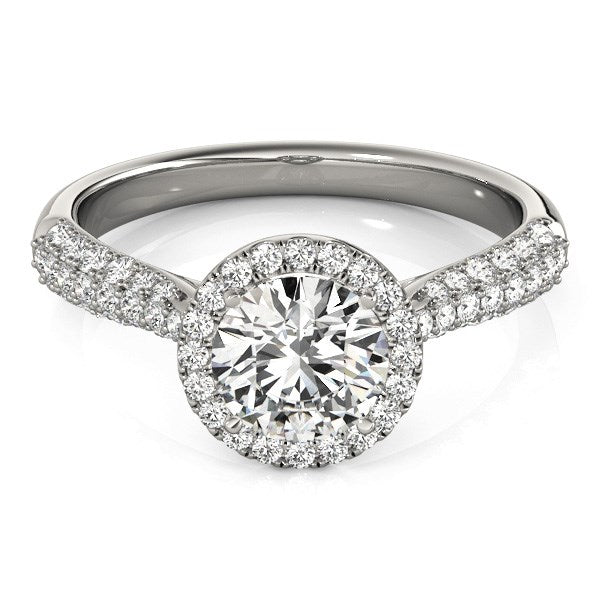 14k White Gold Halo Round Diamond Engagement Ring with Graduated Pave Band (1 1/3 cttw)