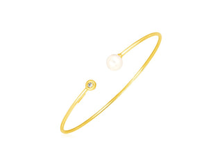 14k Yellow Gold Cuff Bangle with Pearl and Diamond (3.00 mm)