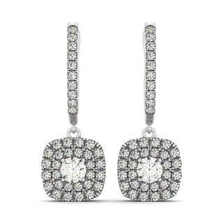 Double Halo Style Cushion Outer Shaped Diamond Drop Earrings in 14k White Gold (3/4 cttw)
