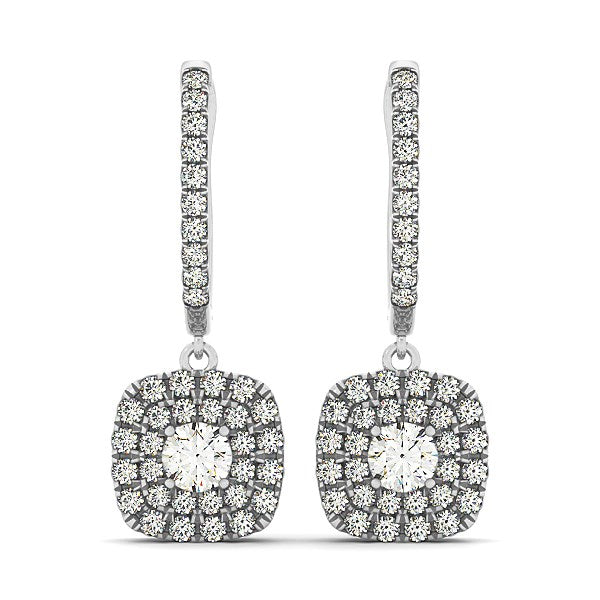 Double Halo Style Cushion Outer Shaped Diamond Drop Earrings in 14k White Gold (3/4 cttw)