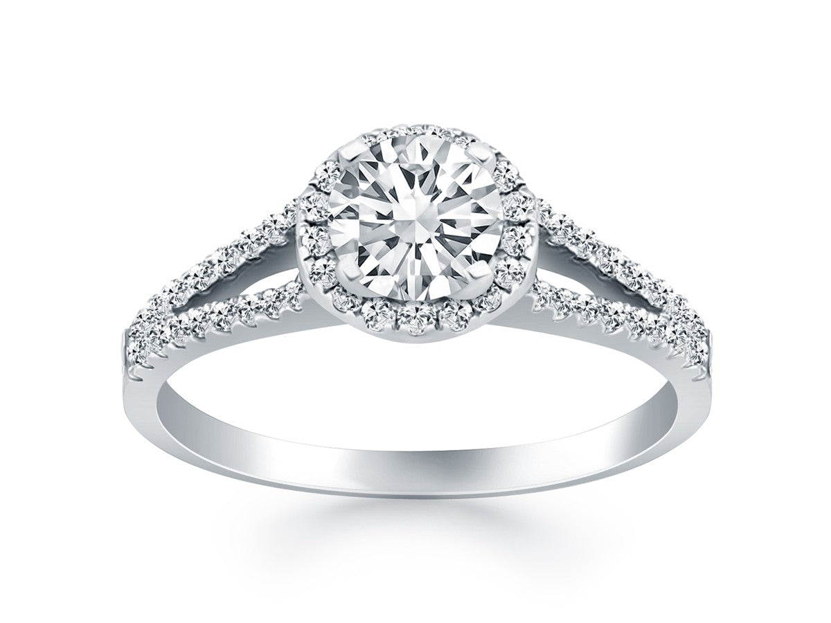 Diamond Halo Split Shank Engagement Ring in 14k White Gold