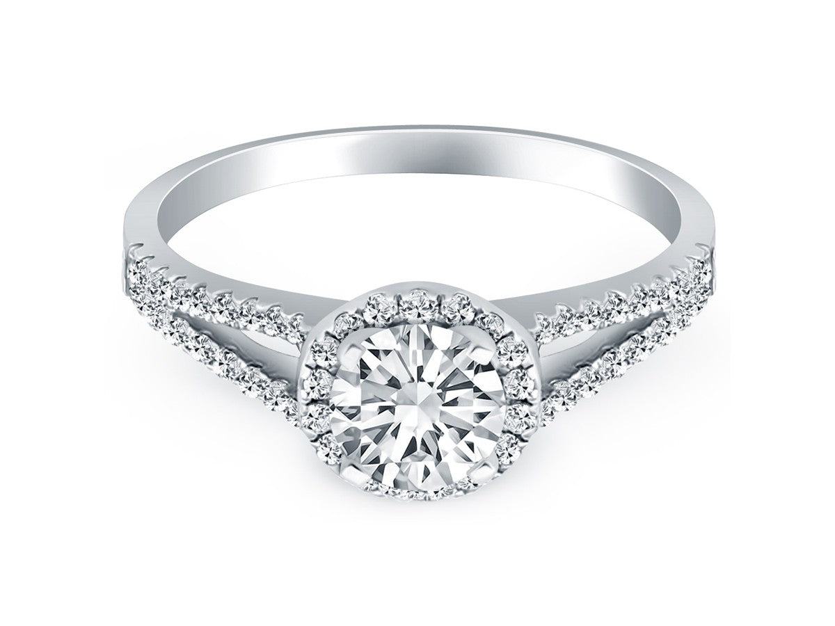 Diamond Halo Split Shank Engagement Ring in 14k White Gold