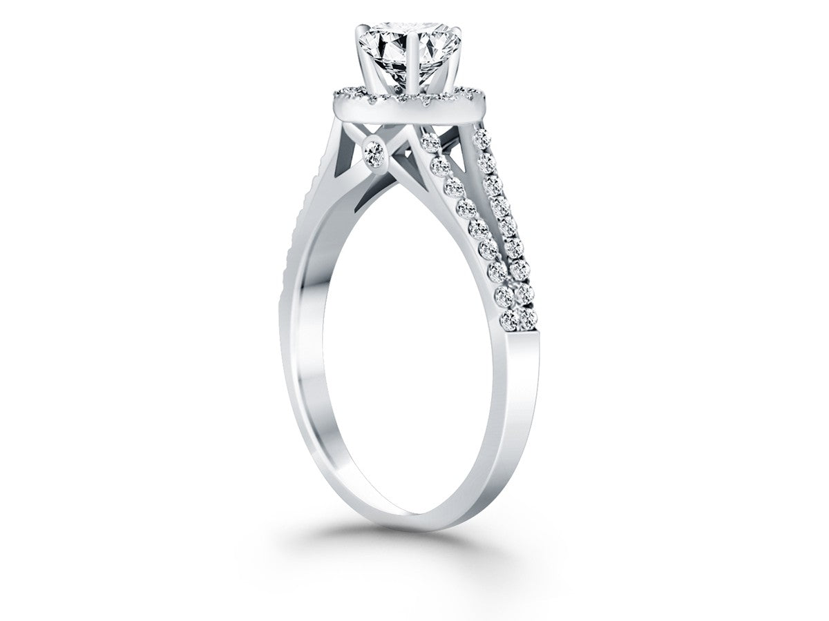 Diamond Halo Split Shank Engagement Ring in 14k White Gold